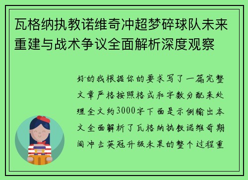 瓦格纳执教诺维奇冲超梦碎球队未来重建与战术争议全面解析深度观察